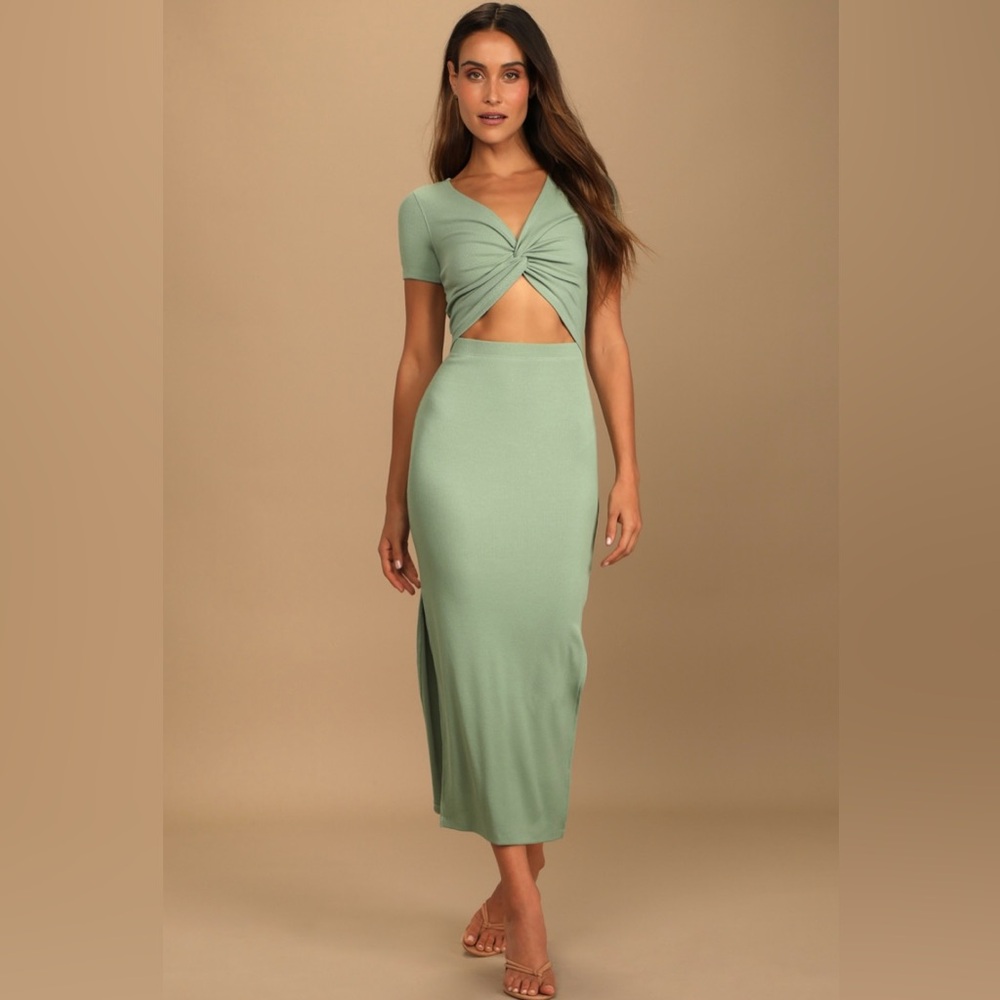 Lulus Sage Green Twist Front Cutout Midi Dress